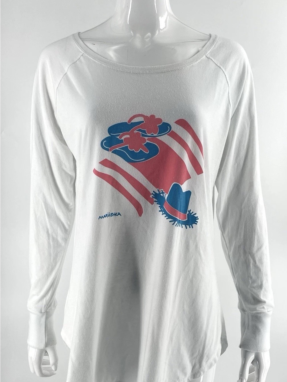 White Long-Sleeve Graphic Tee with Pink & Blue Print by